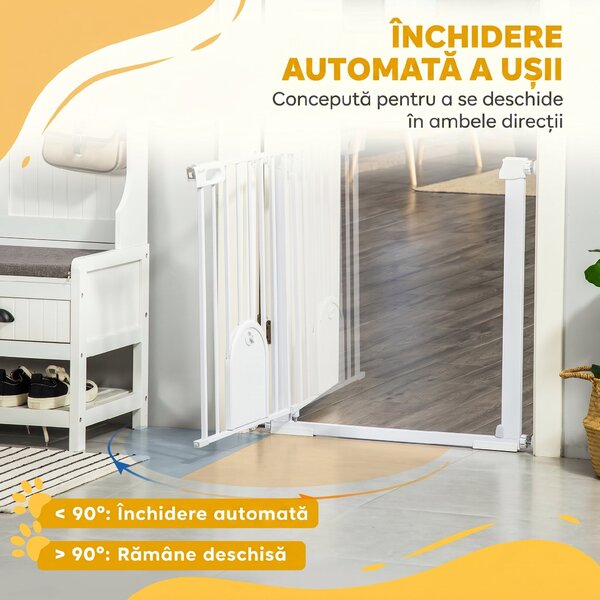 PawHut Barieră Reglabilă pentru Câini cu Ușă Mică, Montare prin Presiune și Închidere Automată, Dimensiune 75-103x76 cm, Alb | Aosom România