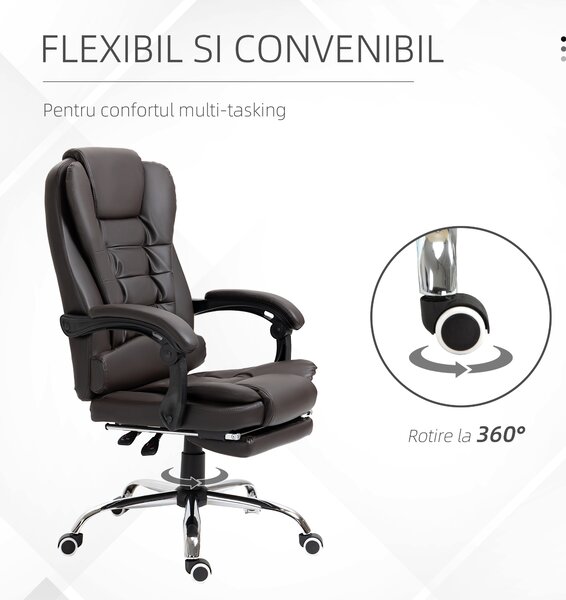 HOMCOM Fotoliu de Birou Rotativ cu Spătar și Înălțime Reglabilă și Suport pentru Picioare, 64,5x69x117 cm, Maro | Aosom Romania