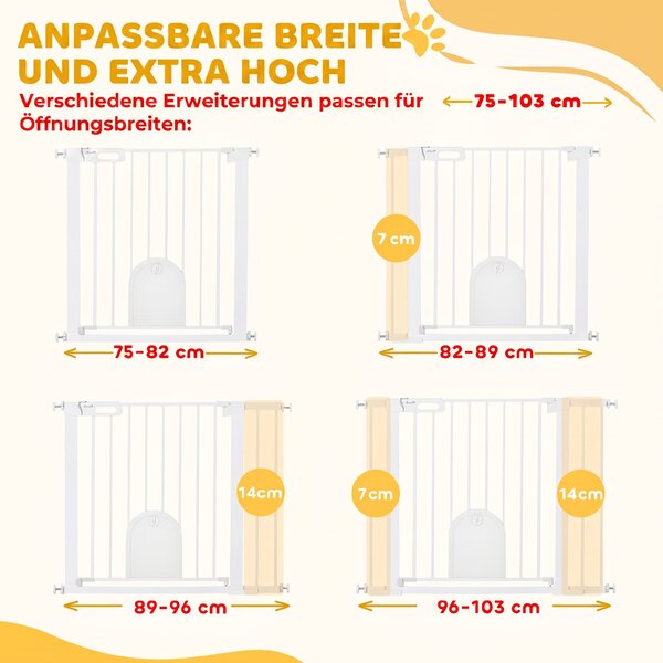 PawHut Barieră Reglabilă pentru Câini cu Ușă Mică, Montare prin Presiune și Închidere Automată, Dimensiune 75-103x76 cm, Alb | Aosom România