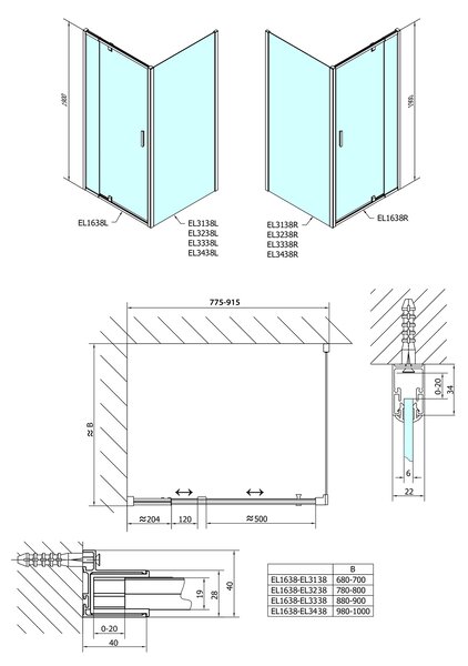 Polysan Polysan, Easy Line, ușă pivotantă a paravanului de duș dreptunghiular 800-900x700mm varianta L/P, caramida de sticlă, EL1638EL3138