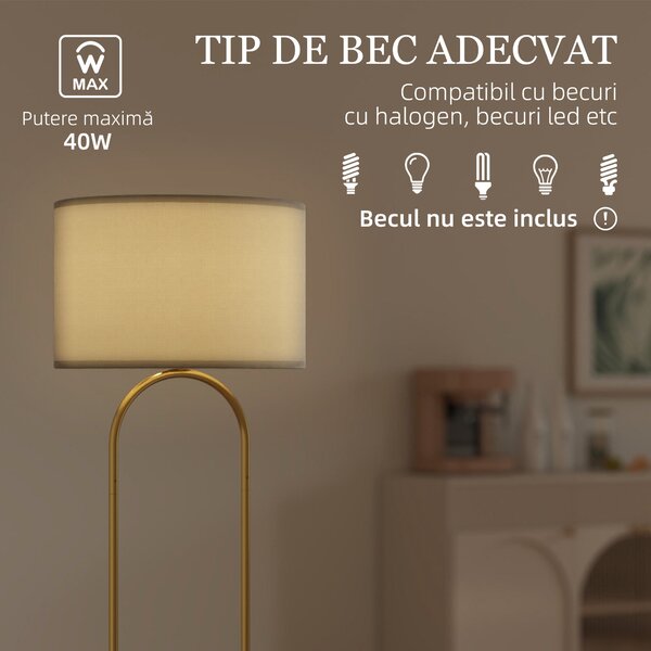 HOMCOM Lampă de Podea cu Comutator Pedală și Abajur Textil Auriu | Aosom Romania