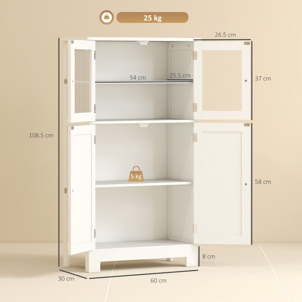 Kleankin Mobile Bagno con 2 Armadietti e Ante in Vetro, Mobiletto Bagno Salvaspazio con Ripiano Regolabile, Armadietto da Terra per Sala da Pranzo, Salotto, Soggiorno, Cucina, 60x30x108.5 cm, Bianco | Aosom Romania