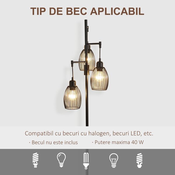 HOMCOM Lampadar Industrial cu 3 Abajururi și Intensitate Regulabilă, 30x30x170.5 cm, Negru | Aosom Romania