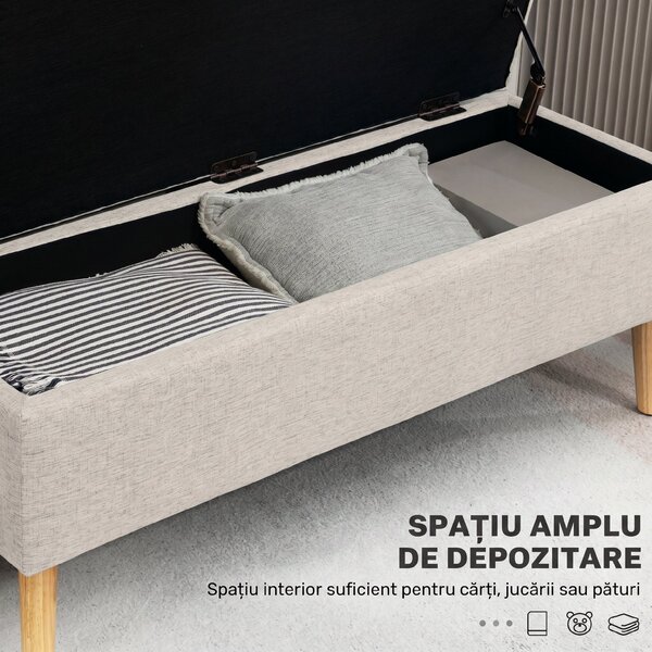 HOMCOM bancă cu spațiu de depozitare 110 x 39 x 45 cm din material cu aspect de in, picioare din lemn de cauciuc, capacitate 220 kg, bej | Aosom Romania