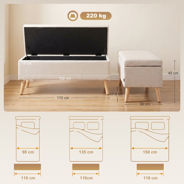 HOMCOM bancă cu spațiu de depozitare 110 x 39 x 45 cm din material cu aspect de in, picioare din lemn de cauciuc, capacitate 220 kg, bej | Aosom Romania
