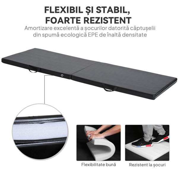 HOMCOM Tapet de Gimnastică Pliabil, Tapet Fitness Gros de 5 cm și Antialunecare, 180x60x5 cm, Negru | Aosom Romania