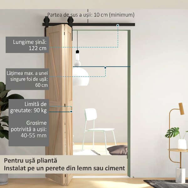 HOMCOM Set pentru Ușă Glisantă din Oțel Carbonat Negru 122x0.5x4 cm | Aosom Romania