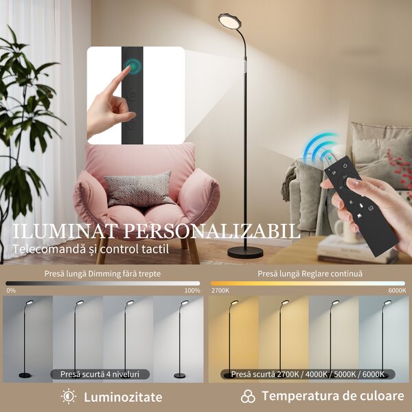 HOMCOM Lampă de Podea LED cu Telecomandă, Cap Rotativ, Reglare Luminozitate și Temperatură, Negru | Aosom Romania