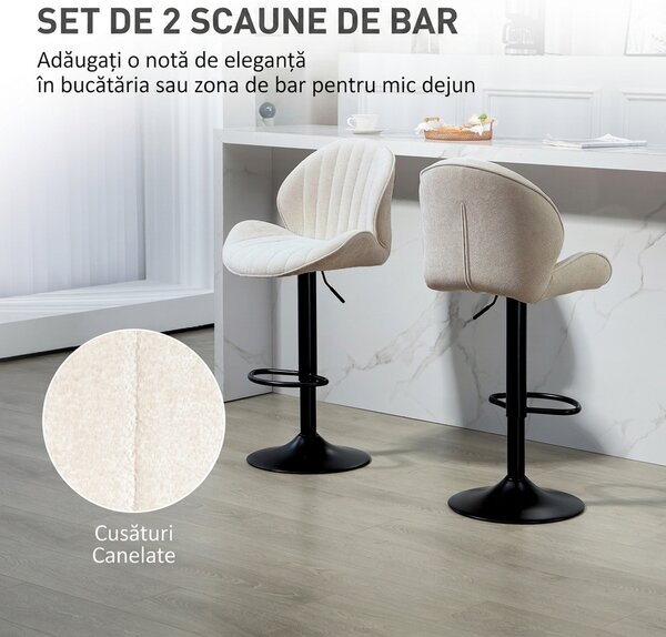 HOMCOM Set de 2 Scaune de Bar cu Suport pentru Picioare, din Țesătură cu Efect de Cinilie, 48x50x94-115 cm, Negru și Bej | Aosom Romania