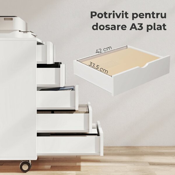 HOMCOM Dulap pentru birou cu 5 sertare pentru documente A3, pe roți și cu încuietoare, 50x40x67.5 cm, alb | Aosom Romania