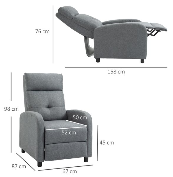 HOMCOM Fotoliu Reclinabil 155° max în Țesătură cu Efect de In Gri cu Suport pentru Picioare, 67x87x98 cm | Aosom Romania