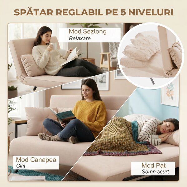 HOMCOM Canapea Pat de 2 Locuri cu Spătar Reglabil pe 5 Nivele și 2 Perne din Material Capitonat, 102x73x81 cm, Negru | Aosom Romania