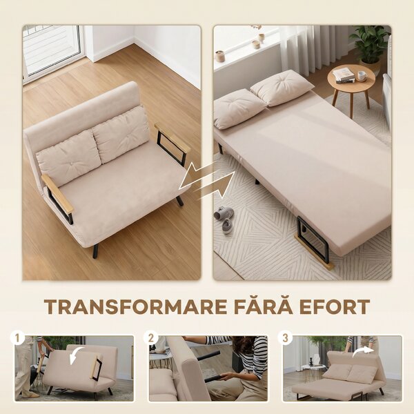 HOMCOM Canapea Pat de 2 Locuri cu Spătar Reglabil pe 5 Nivele și 2 Perne din Material Capitonat, 102x73x81 cm, Negru | Aosom Romania