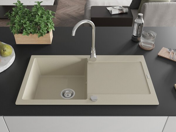 Mexen Leo chiuvetă de bucătărie din granit cu 1 compartiment cu scurgător 900 x 500 mm, bej, sifon crom - 6501901010-69