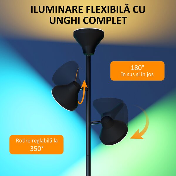 HOMCOM Lampă de Podea cu 3 Capete Reglabile Independent Φ25x170 cm Negru | Aosom Romania