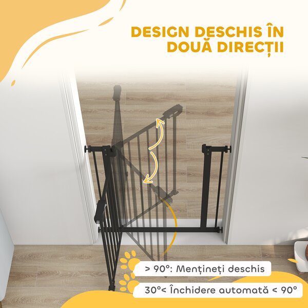 PawHut Poartă de Siguranță pentru Câini cu 2 Extensii, Lățime Reglabilă și Închidere Automată, 74x77cm, Negru | Aosom Romania