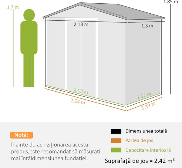 Outsunny Magazie de grădină metalică 2,77 m², 213 x 130 x 185 cm cu fundație, uși culisante, gri închis | Aosom Romania