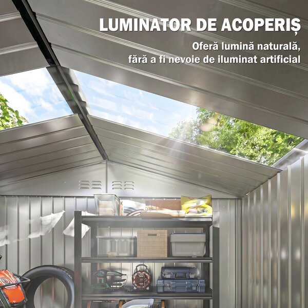 Outsunny Magazie de grădină metalică 2,77 m², 213 x 130 x 185 cm cu fundație, uși culisante, gri închis | Aosom Romania