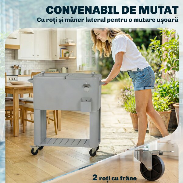 Outsunny Frigider de Grădină de 76L, Cărucior Portabil cu Raft, Deschizător de Sticle, Roți Blocabile, Recipient pentru Capace, Portabil pentru Băuturi, Bar, Grădină, Petreceri, Argintiu | Aosom Romania