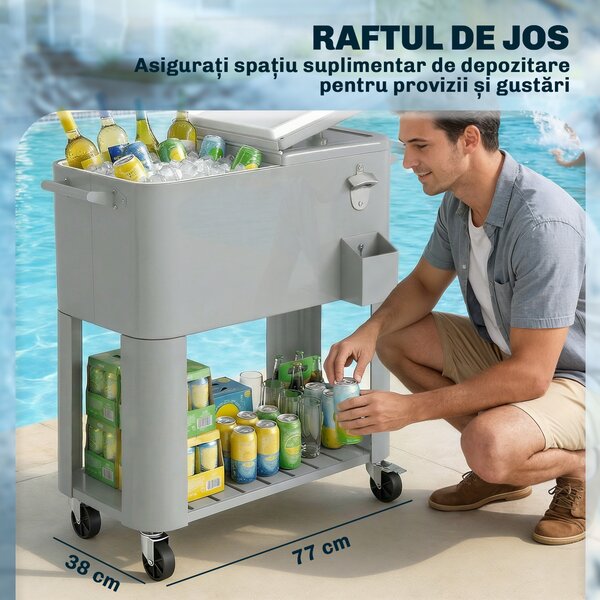 Outsunny Frigider de Grădină de 76L, Cărucior Portabil cu Raft, Deschizător de Sticle, Roți Blocabile, Recipient pentru Capace, Portabil pentru Băuturi, Bar, Grădină, Petreceri, Argintiu | Aosom Romania