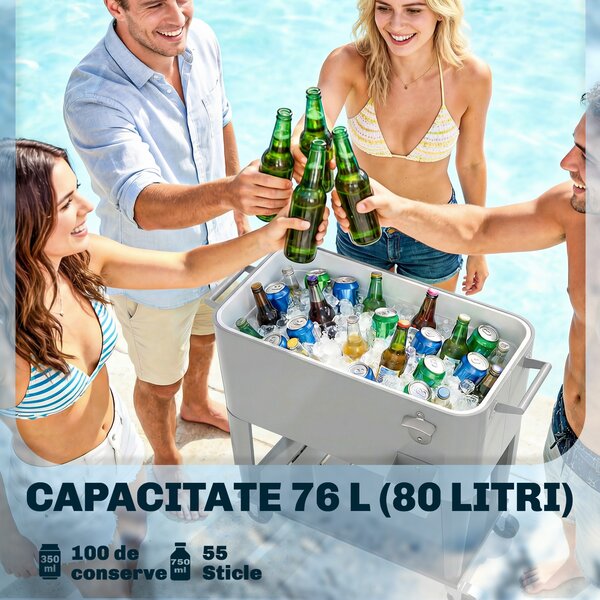 Outsunny Frigider de Grădină de 76L, Cărucior Portabil cu Raft, Deschizător de Sticle, Roți Blocabile, Recipient pentru Capace, Portabil pentru Băuturi, Bar, Grădină, Petreceri, Argintiu | Aosom Romania