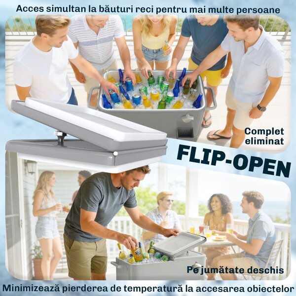 Outsunny Frigider de Grădină de 76L, Cărucior Portabil cu Raft, Deschizător de Sticle, Roți Blocabile, Recipient pentru Capace, Portabil pentru Băuturi, Bar, Grădină, Petreceri, Argintiu | Aosom Romania