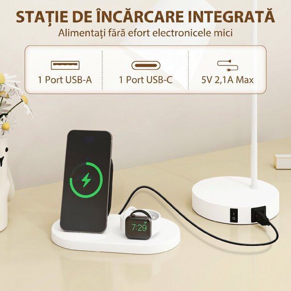 HOMCOM Set de 2 Veioze Moderne din Oțel cu Porturi USB, Soclu E27, Bec Neinclus, Alb | Aosom Romania
