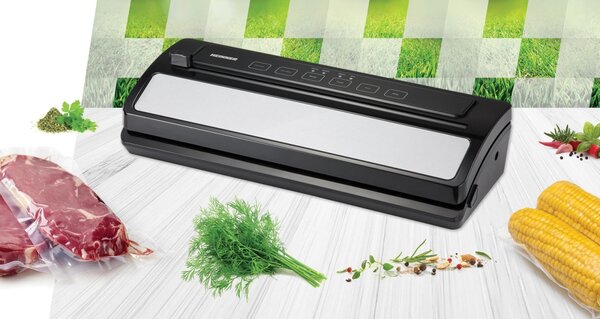 Aparat de vidat Heinner HAV-E110SS, vidare umeda uscata, vidare caserole, panou de comanda tactil, furtun pentru vidarea caserolelor, cutter incorporat, compatibil cu pungi cu latimea de 30cm, capaci