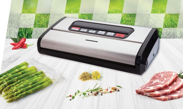 Aparat de vidat si sigilat Heinner HAV-165BKSS, vidare uscata umeda, pompa si sigilare dubla, sistem racire banda sigilare, furtun pentru caserole, cutter incorporat, compatibil cu pungi latime 32 cm