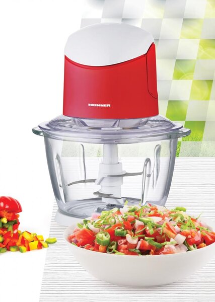 Tocator de legume Heinner HMC-K500WHR, bol sticla 1L, 2 cutite din inox, 500W, culoare alb rosu