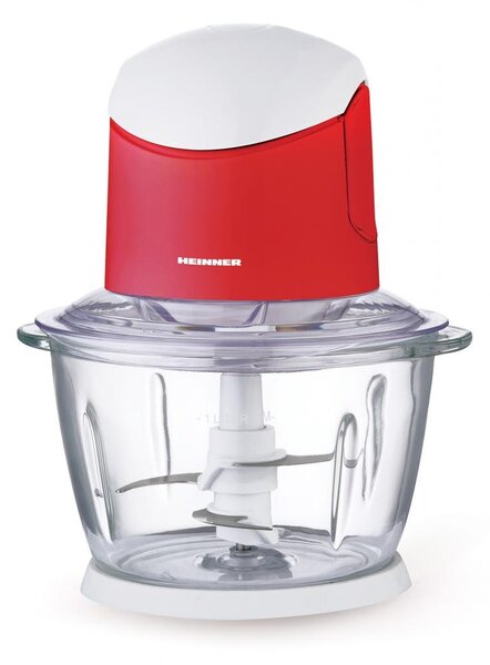 Tocator de legume Heinner HMC-K500WHR, bol sticla 1L, 2 cutite din inox, 500W, culoare alb rosu