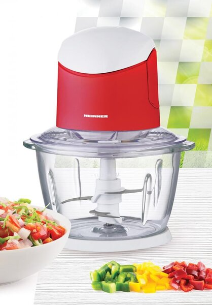 Tocator de legume Heinner HMC-K500WHR, bol sticla 1L, 2 cutite din inox, 500W, culoare alb rosu