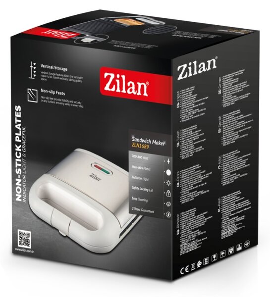 Aparat pentru facut sandwich Zilan ZLN1689, Termostat automat, Indicator luminos, Protectie supraincalzire, Picioruse antiderapante, 800W