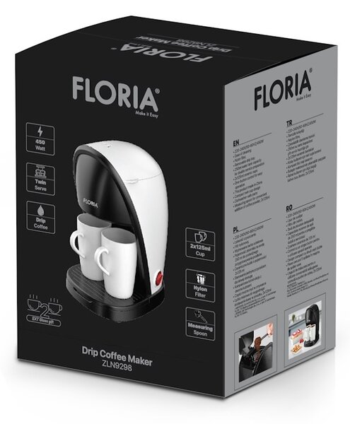 Aparat de facut cafea Floria ZLN9298, filtru de nailon, cupa pentru masurat, 2 cesti incluse, Alb