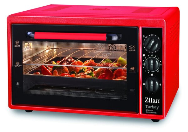 Cuptor electric Zilan ZLN5320, Rosu capacitate mare 38 Litri, 1500W, Timer, Gratar, Tava dreptunghiulara