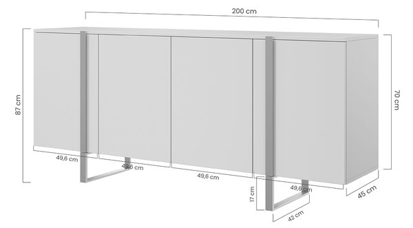 Comodă Verica 200 cm cu patru uși - beton negru / picioare negre