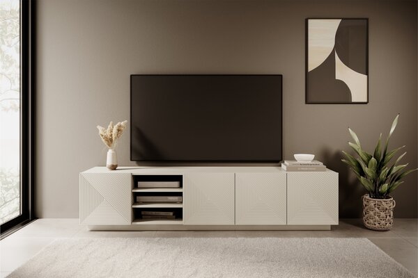 Comodă TV Asha 200 cm cu partea frontală canelat și nișă – bej cashmere