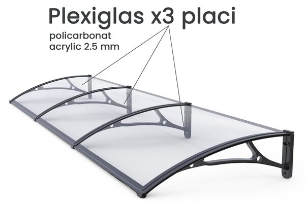 Copertină PRO 360x100 cm din aluminiu și plexiglas – Negru/Transparent