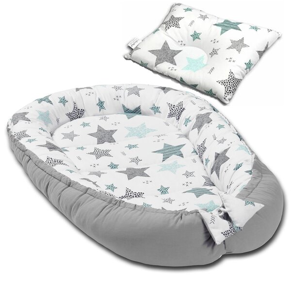 Cosulet bebelus pentru dormit Kidizi Baby Nest + pernuta plagiocefalie Kidizi All Mint Stars
