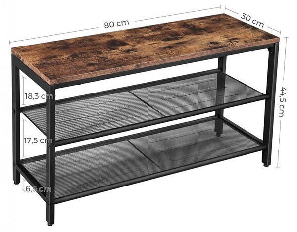 Bancă pantofar cu șezut și 2 rafturi metalice, stil industrial, Maro Rustic/Negru, 80 × 30 × 44,5 cm