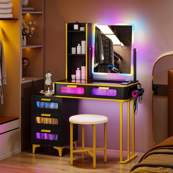 SEN245 - Set Masa toaleta, 80 cm, cosmetica machiaj, oglinda cu LED, masuta vanity cu USB si Incarcator Wi-Fi, scaun tapitat, suport urcator - Negru-Auriu