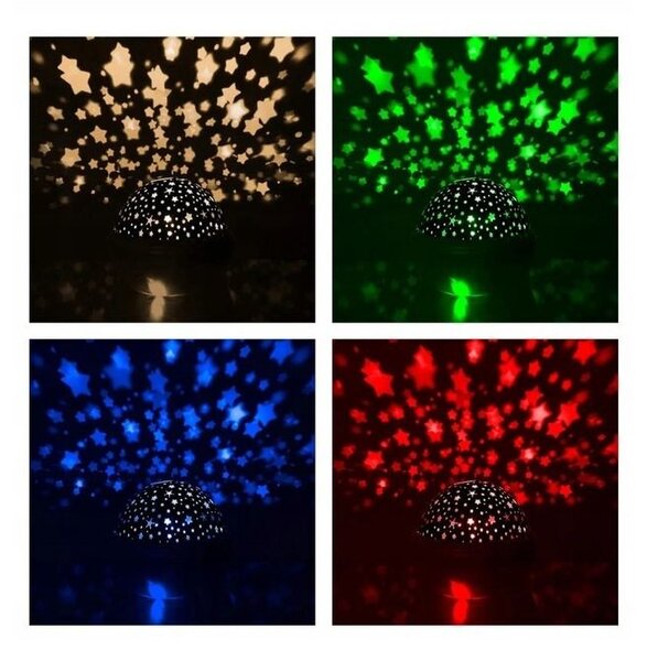 Lampa de veghe cu proiector, efecte luminoase cer instelat/lume subacvatica, 4 culori iluminare, 12x12x10 cm, negru
