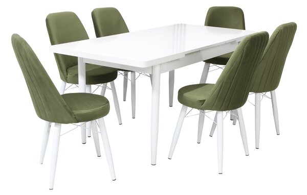 Set masă extensibilă Aris Alb cu 6 scaune Minerva Verde