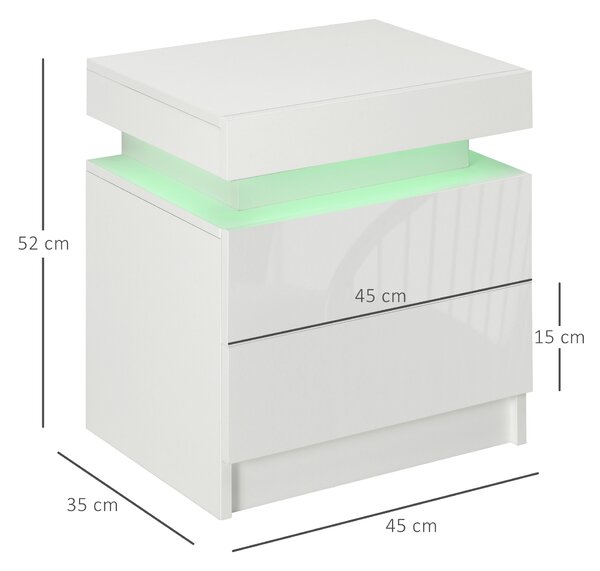 Noptiera alba HOMCOM cu lumina LED RGB, noptiera frontala lucioasa cu 2 sertare, pentru camera de zi, dormitor | Aosom RO