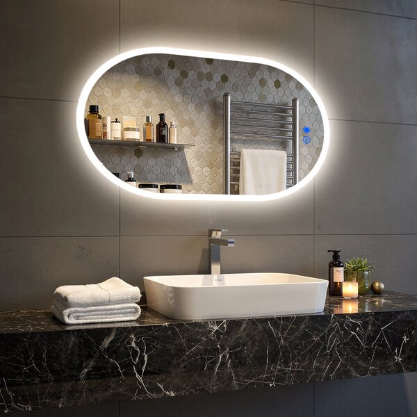 Oglindă de baie iluminată 80x50\100x70\120x70\50x80\70x100\70x120 cm, culoare duală, comutator tactil, saltea încălzitoare