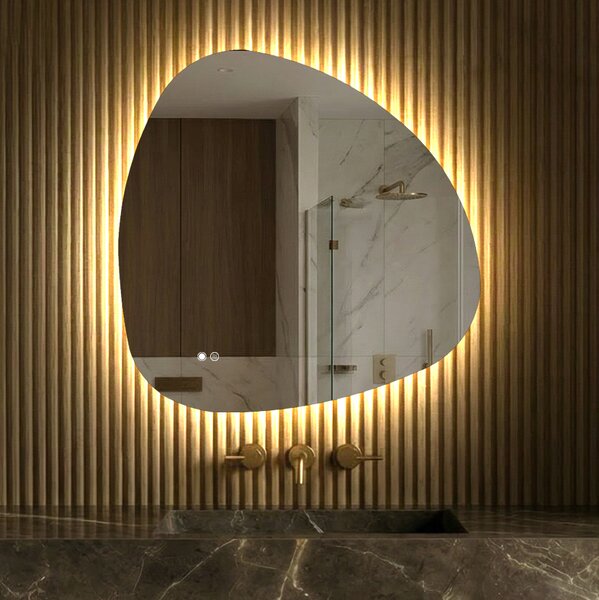 Oglindă neregulată cu iluminare 94x94\74x74\64x64\84x84 cm, culoare duală, comutator tactil, saltea încălzitoare