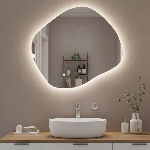 Oglindă de baie cu iluminare 74x6494x84Dx9484x74 cm, culoare duală, comutator tactil, saltea încălzitoare