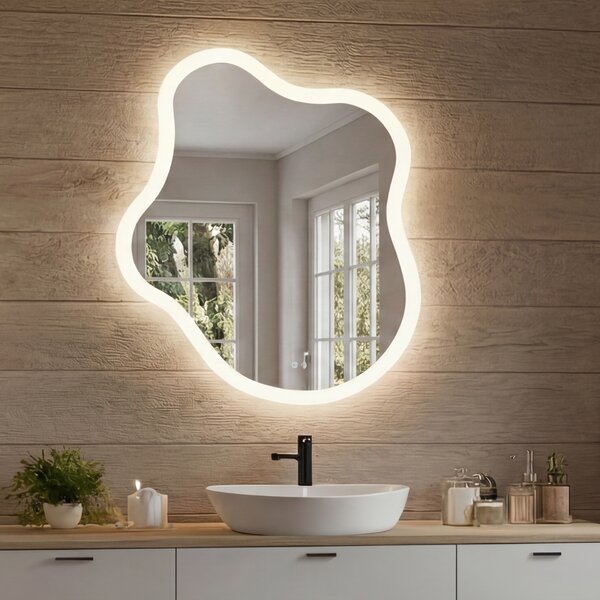 Oglindă neregulată cu iluminare, 74×94 cm, culoare duală, comutator tactil, saltea încălzitoare