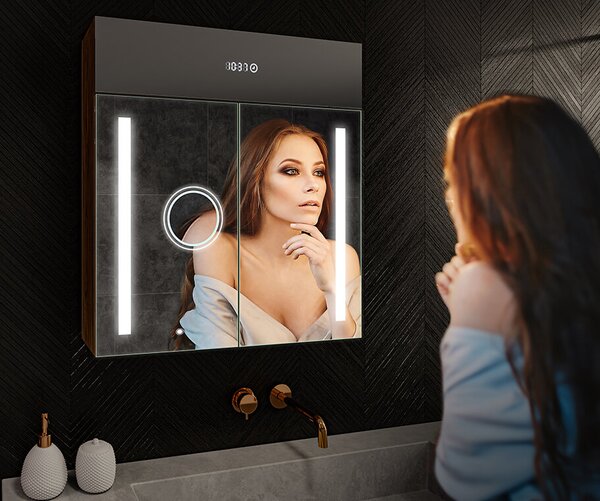 Dulap de baie cu oglindă LED iluminată - 66,5 x 72 cm cu rafturi din sticlă, în culoarea Stejar Oslo, din lemn, de la Artforma