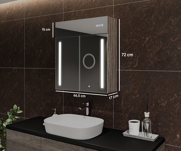 Dulap de baie cu oglindă LED iluminată - 66,5 x 72 cm cu rafturi din sticlă, în culoarea Stejar Oslo, din lemn, de la Artforma